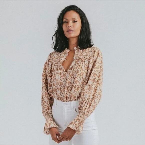 CLEOBELLA Reza Blouse Tamil Block Floral Tan White Sz S {WW30} - Picture 1 of 8